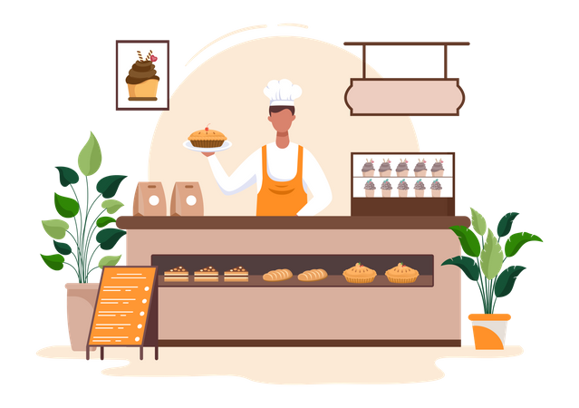 Bakery Owner Holding cake  Illustration