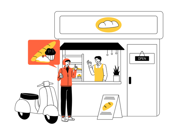 Bakery owner talking with delivery driver  Illustration