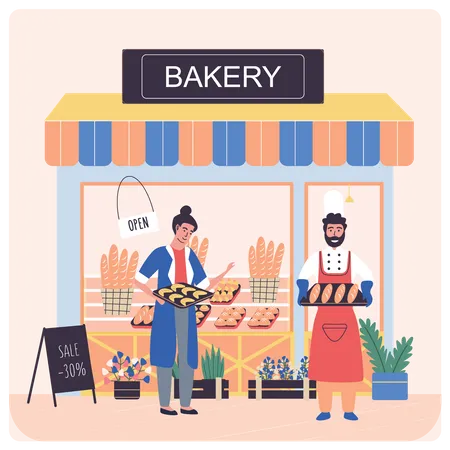 Bakery owners holding cookie and bread  Illustration