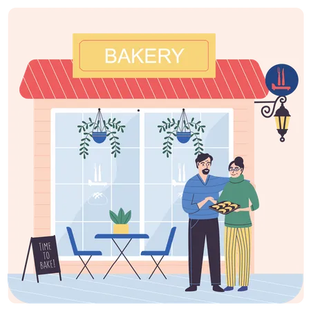 Bakery Shop Building Facade Awning With Signboard Baking Store Bread Pastry Shop Scenes Set Showcases With Tent Various Bread And Cakes Products Group Of Bakers Sell Baked Goods On Street Illustration