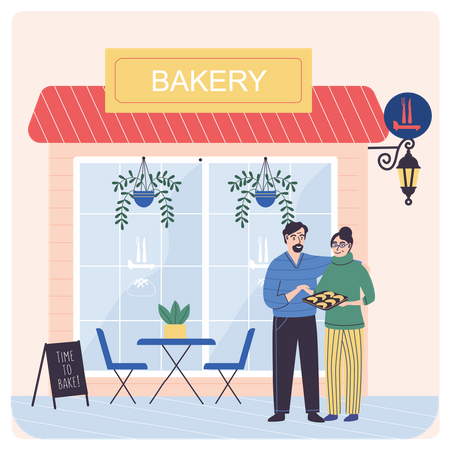 Bakery owners with pastry plate  Illustration