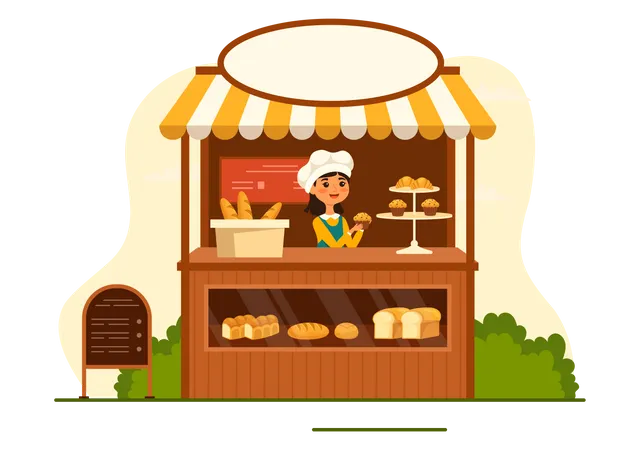 Bakery Store Vector Illustration With Various Types Of Bread Products For Sale And Shop Interior In Flat Cartoon Background Design Template Illustration