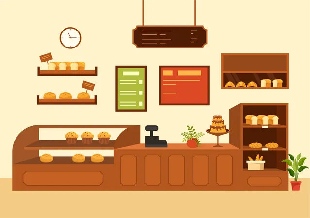 Bakery Store Vector Illustration With Various Types Of Bread Products For Sale And Shop Interior In Flat Cartoon Background Design Template Illustration
