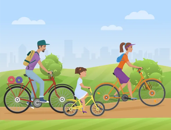 Faire du vélo en famille dans le parc  Illustration