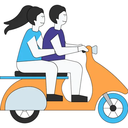 Un couple monte en vespa  Illustration