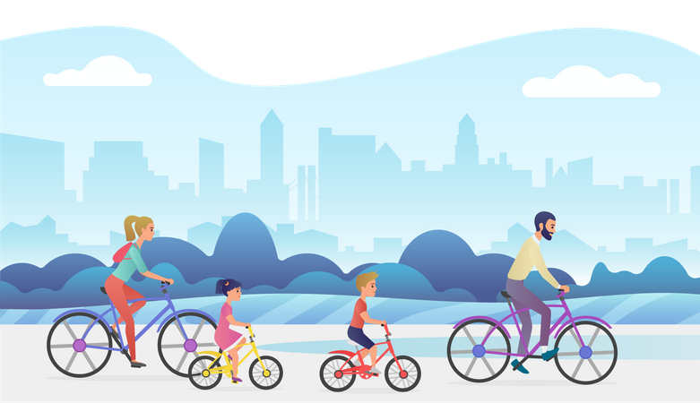 Famille à vélo en ville  Illustration