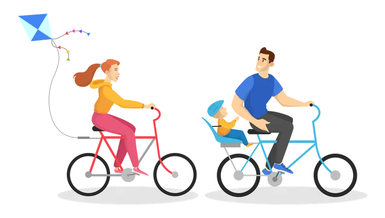 Famille heureuse, balade à vélo  Illustration