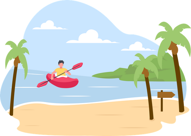 Un homme fait du kayak à la plage  Illustration