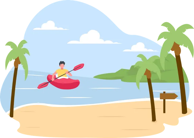 Un homme fait du kayak à la plage  Illustration