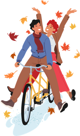 Un couple fait du vélo en automne  Illustration