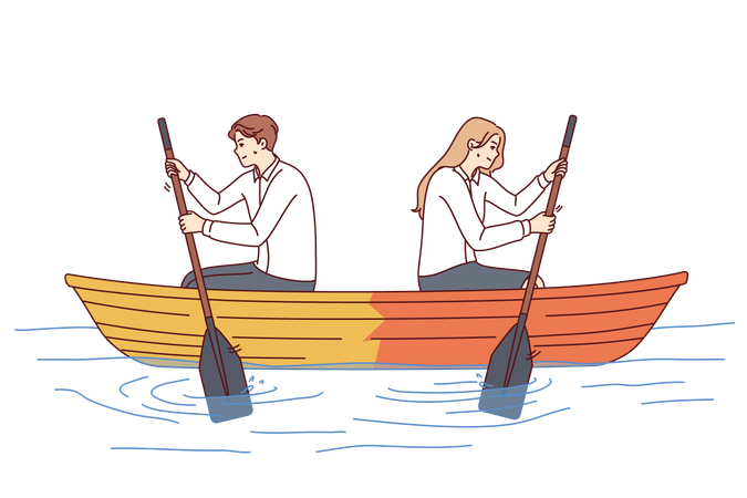 Un couple fait du bateau dans la direction opposée  Illustration