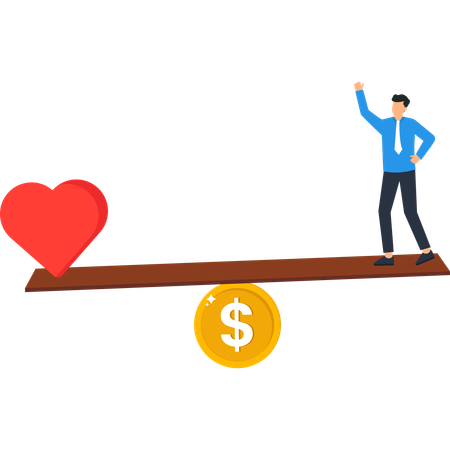 Balance between love and money with businessman on a seesaw  Illustration