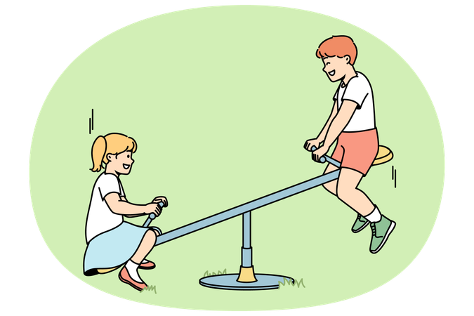 Les enfants montent sur une bascule dans une aire de jeux en été  Illustration