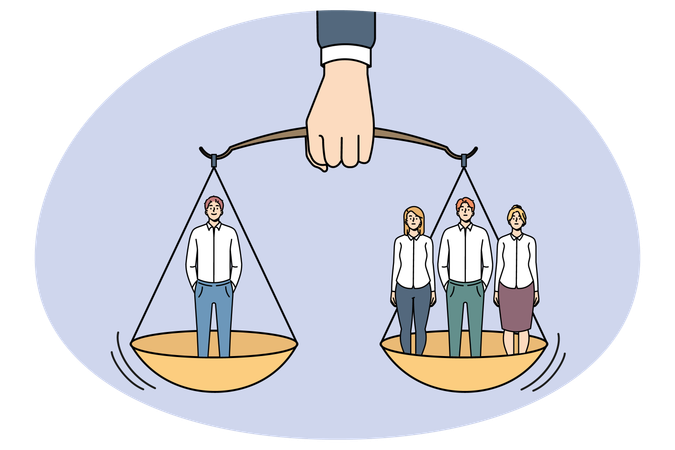 Báscula con grupo de personas en equilibrio con un hombre  Ilustración