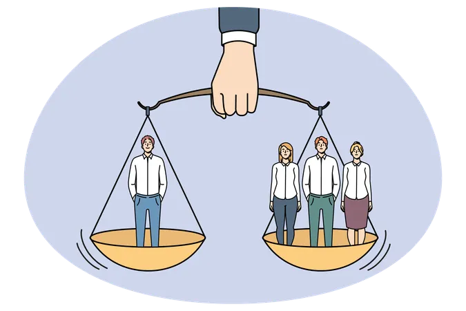 Báscula con grupo de personas en equilibrio con un hombre  Ilustración