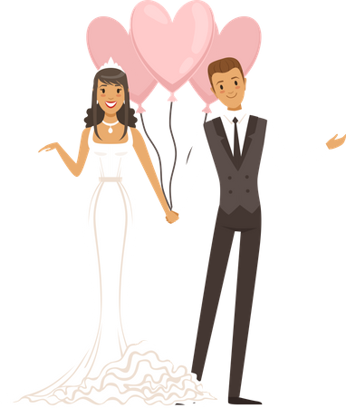 Casal de noivos segurando balão  Ilustração