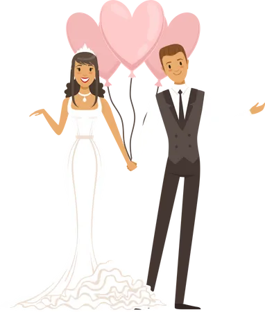 Casal de noivos segurando balão  Ilustração