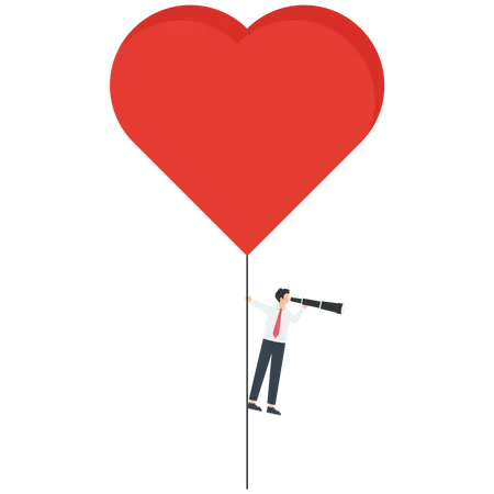 Balão em formato de coração puxa empresário para fazer buscas no ar  Ilustração