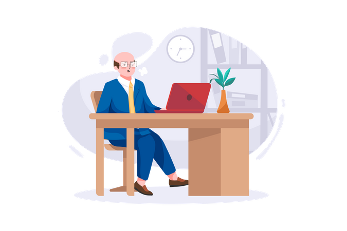 Bald businessman working on his office desk  Illustration