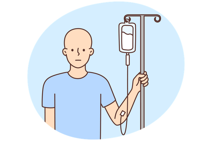 Bald man with dropper get chemo treatment  Illustration