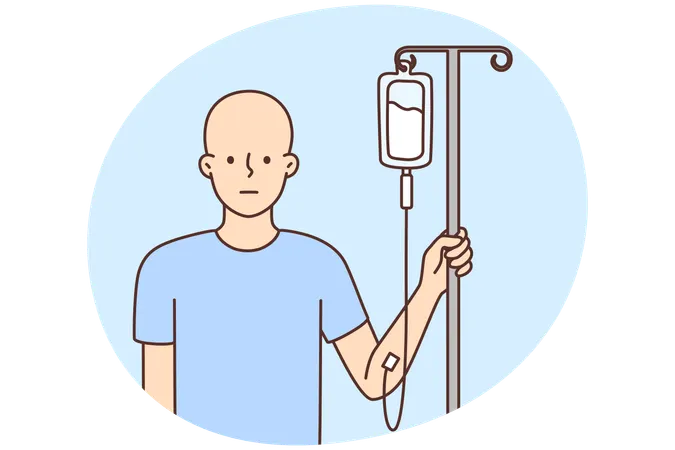Bald man with dropper get chemo treatment  Illustration