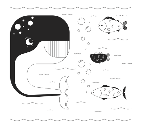 Baleia feliz com peixes debaixo d'água  Ilustração