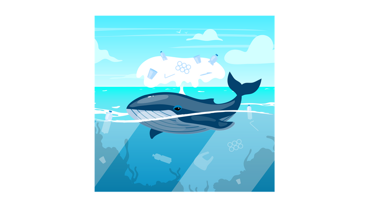 Baleia no oceano com resíduos plásticos  Ilustração