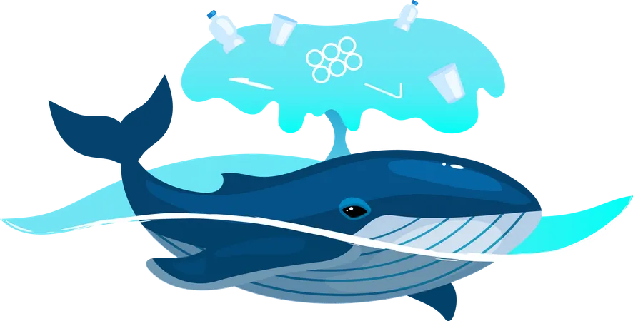 Baleia no oceano com resíduos plásticos  Ilustração