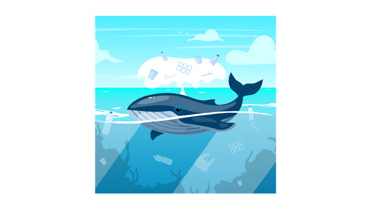 Baleine dans l'océan avec des déchets plastiques  Illustration