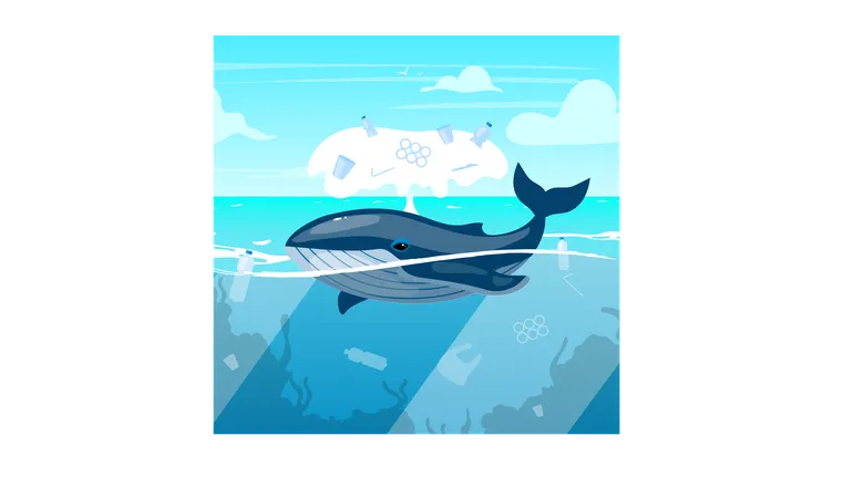 Baleine dans l'océan avec des déchets plastiques  Illustration