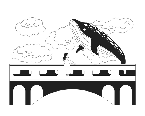 Baleine volante au-dessus du pont avec une femme  Illustration