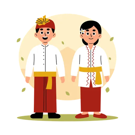 Ilustracao De Um Homem E Uma Mulher Vestidos Com Roupas Tradicionais De Bali Mostrando A Rica Heranca Cultural Da Indonesia Ilustração