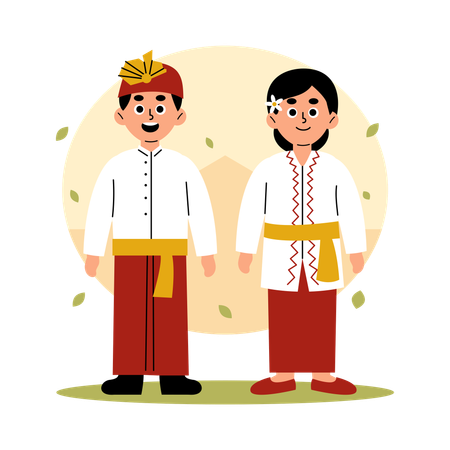 バリ島の伝統的な衣装を着たカップル  イラスト