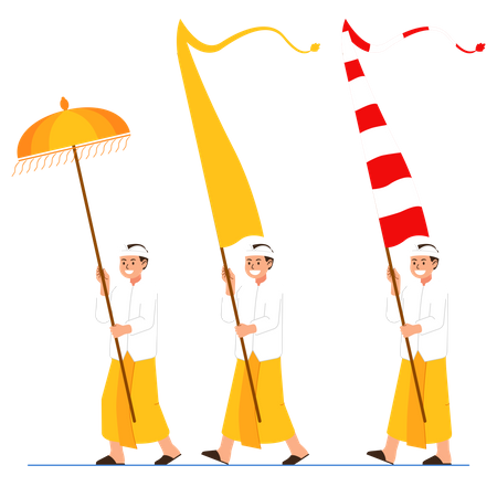 Balinese Boys Carry Long Flag And Umbrella Illustration