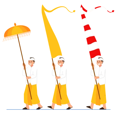 Balinese Boys Carry Long Flag And Umbrella Illustration