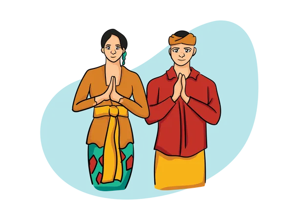 Balinese Girl and Boy doing namaste hand gesture  Illustration