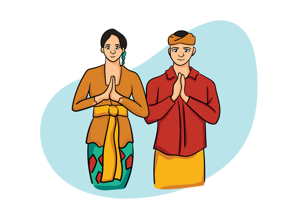 Balinese Girl and Boy doing namaste hand gesture  Illustration