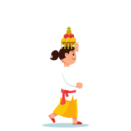 Balinese girl on hindu ritual parade to the beach to perform purification ceremony  Illustration