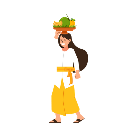 Balinese girl on hindu ritual parade to the beach to perform purification ceremony  Illustration