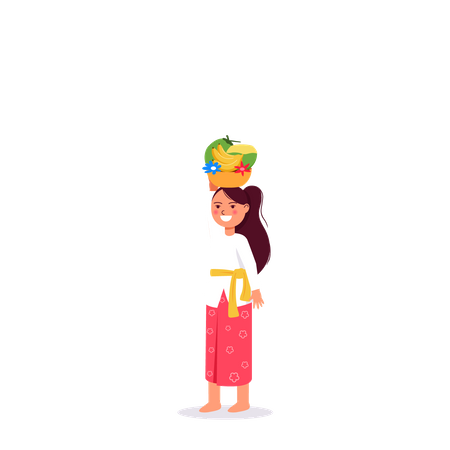 Balinese girl on hindu ritual parade to the beach to perform purification ceremony  Illustration