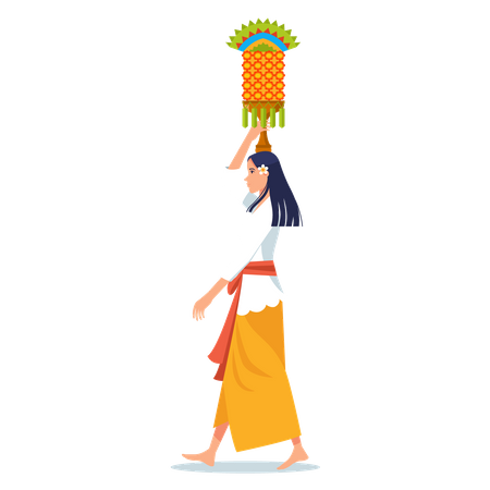 Balinese girl on hindu ritual parade to the beach to perform purification ceremony  Illustration