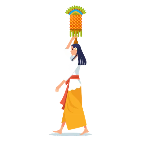 Balinese girl on hindu ritual parade to the beach to perform purification ceremony  Illustration