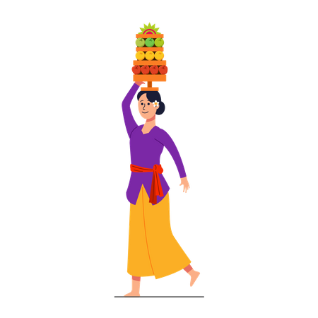 Balinese girl on hindu ritual parade to the beach to perform purification ceremony  Illustration