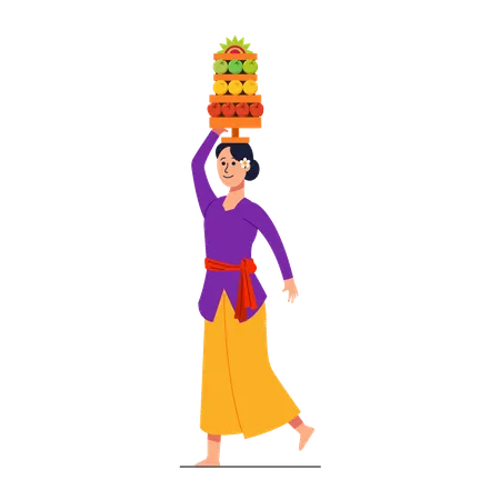 Balinese girl on hindu ritual parade to the beach to perform purification ceremony  Illustration