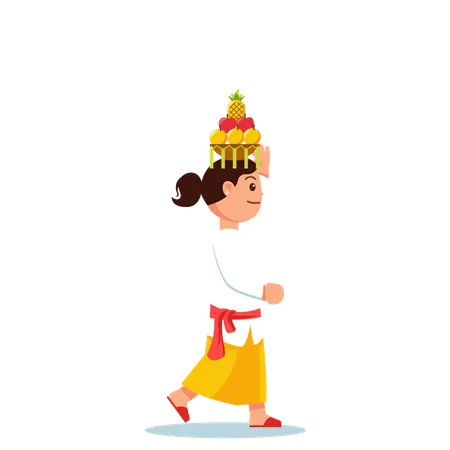 Balinese girl on hindu ritual parade to the beach to perform purification ceremony  Illustration