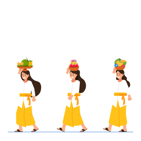 Balinese Girl Walking Bring Fruit For Offering Illustration