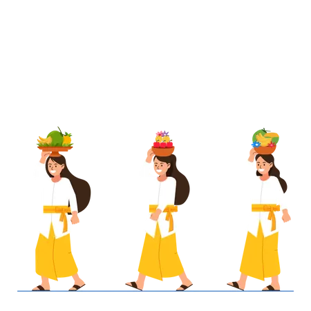 Balinese Girl Walking Bring Fruit For Offering Illustration