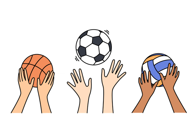 Bälle in den Händen von Menschen, die Fußball, Basketball und Volleyball spielen, um ihre körperliche Form zu erhalten  Illustration