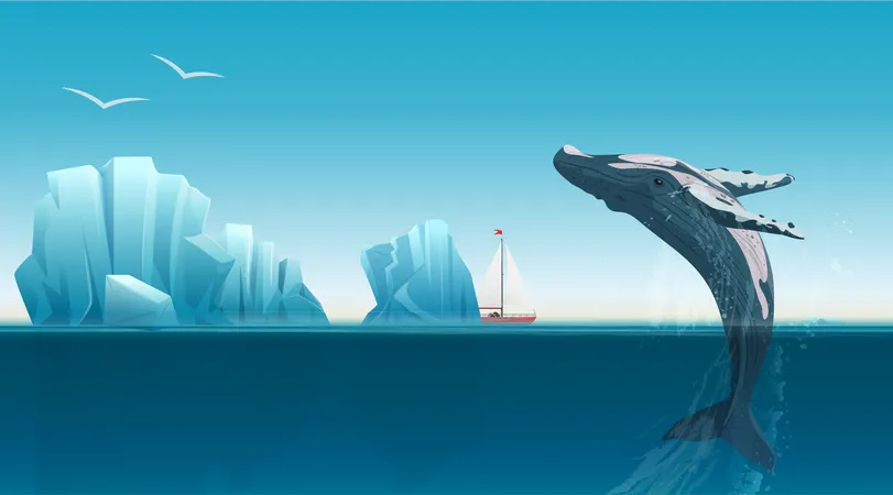 Ballena saltando del agua en la Antártida  Ilustración