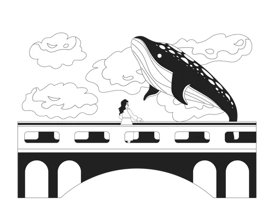 Ballena voladora sobre el puente con una mujer  Ilustración